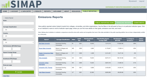 Screenshot of Emissions Reports page