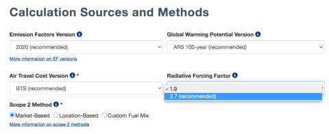 Flight emissions calculations screenshot